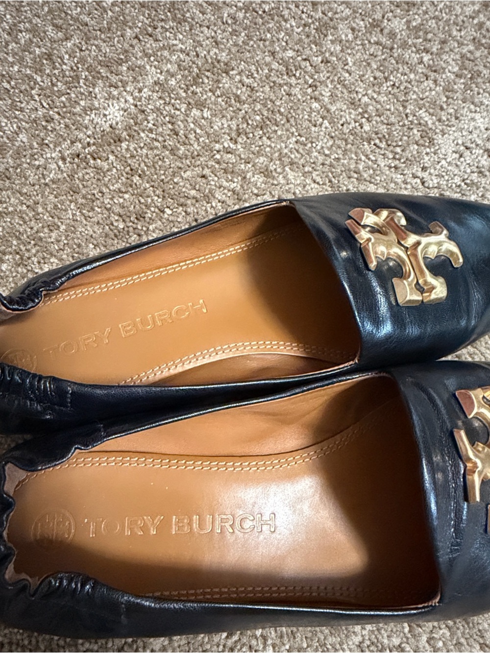 Tory Burch Black Leather Ballet Flats with Gold Logo Emblem